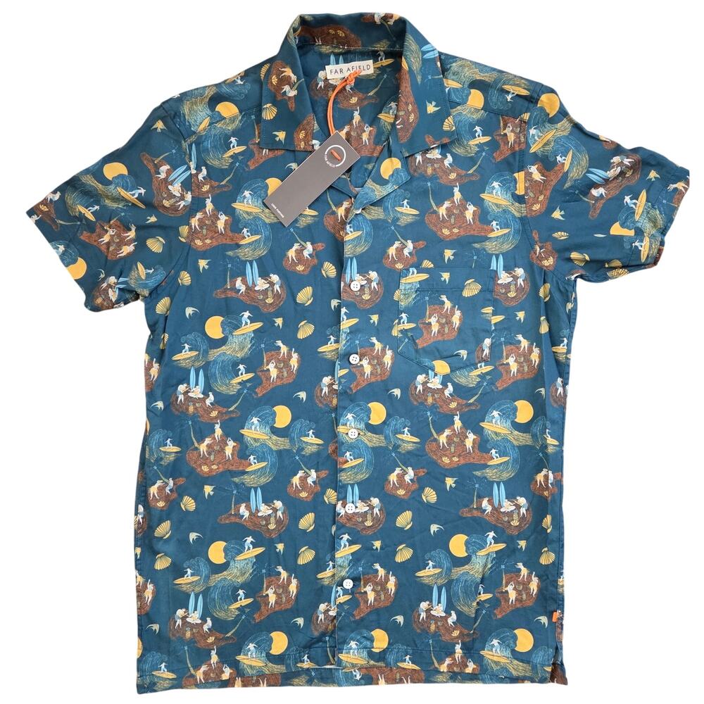 NWT Far Afield Waikiki Hawaii Print Button Down Shirt Small Vacation Beach Fun